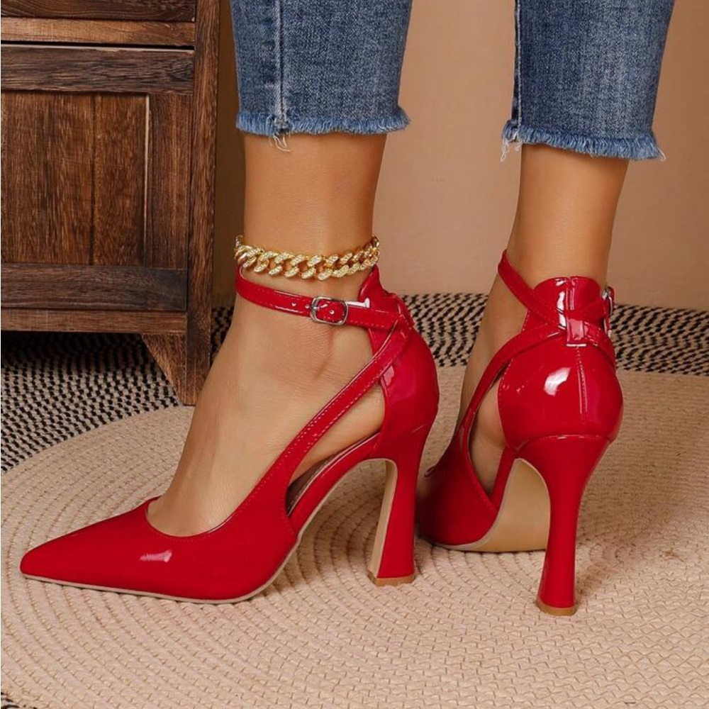 Rebellious Rose Red Patent Pointed-Toe Ankle-Strap Pumps - Picture 3 of 4